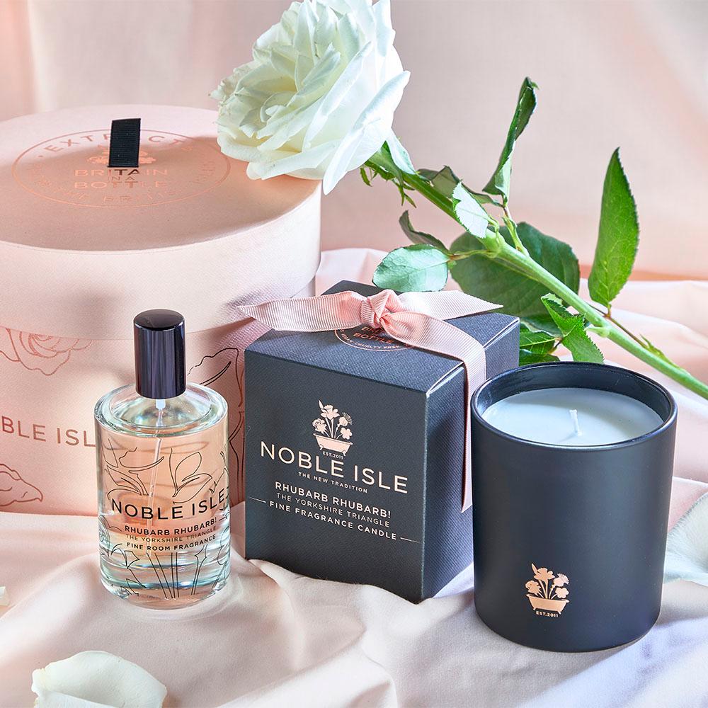 The Rhubarb Signature Collection gift set containing a luxury room fragrance and 200g single wick candle.