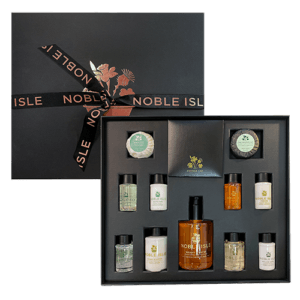 The Grosvenor Collection a gift set of 12 products in a fantastic square black box, decorated with rose gold foil.