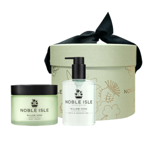 The Willow Song Ritual Gift Set, containing a Bath & Shower Gel and Luxury Body Cream with a pale green hat box packaging.